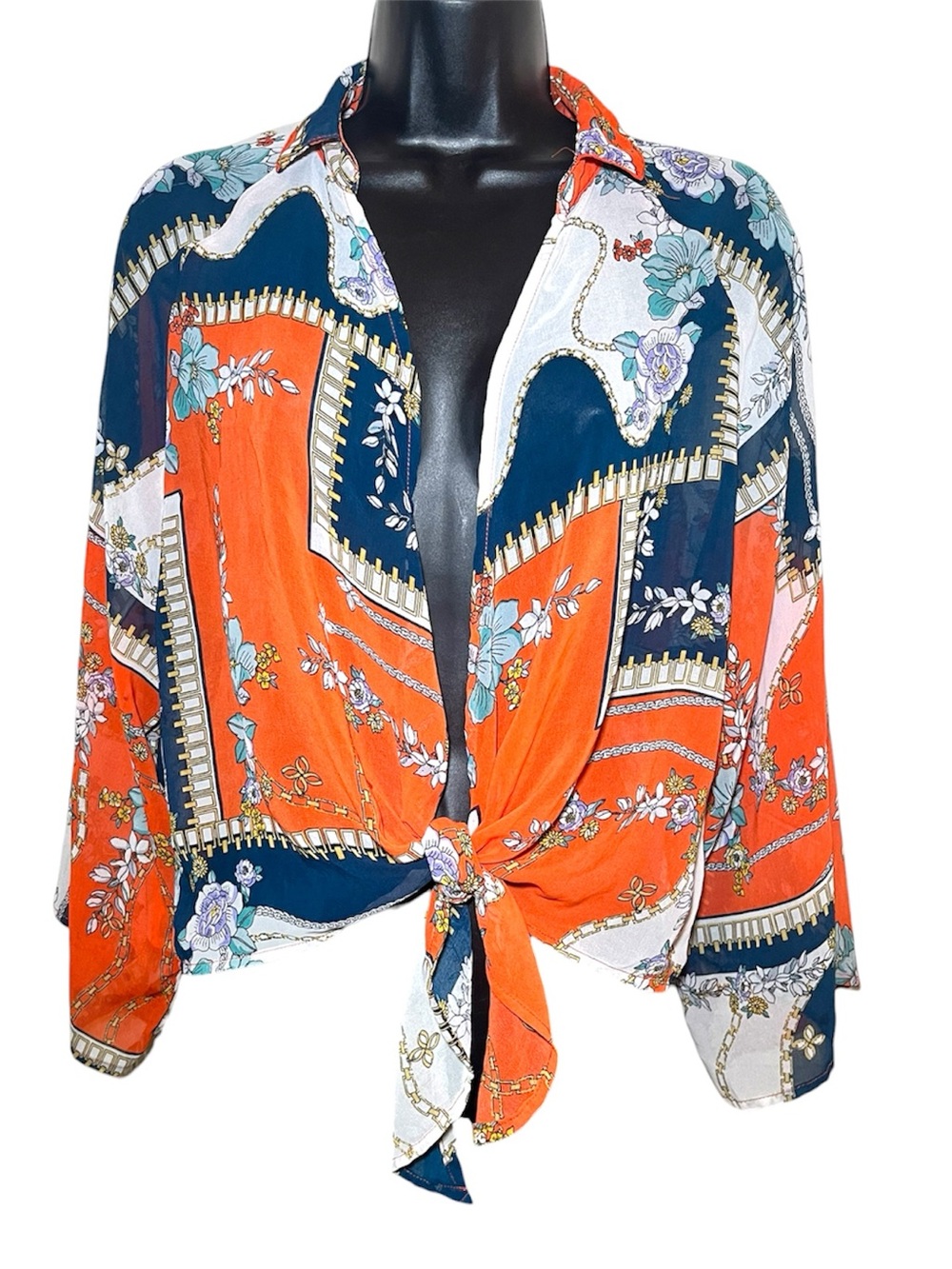 Timing Orange & Navy Floral Tie-Front Shirt
